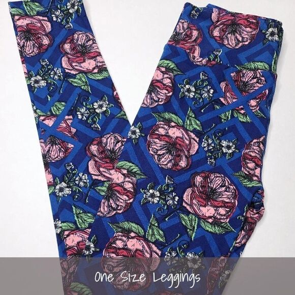 LuLaRoe OS Leggings Floral Blue Lattice NEW - Picture 1 of 1